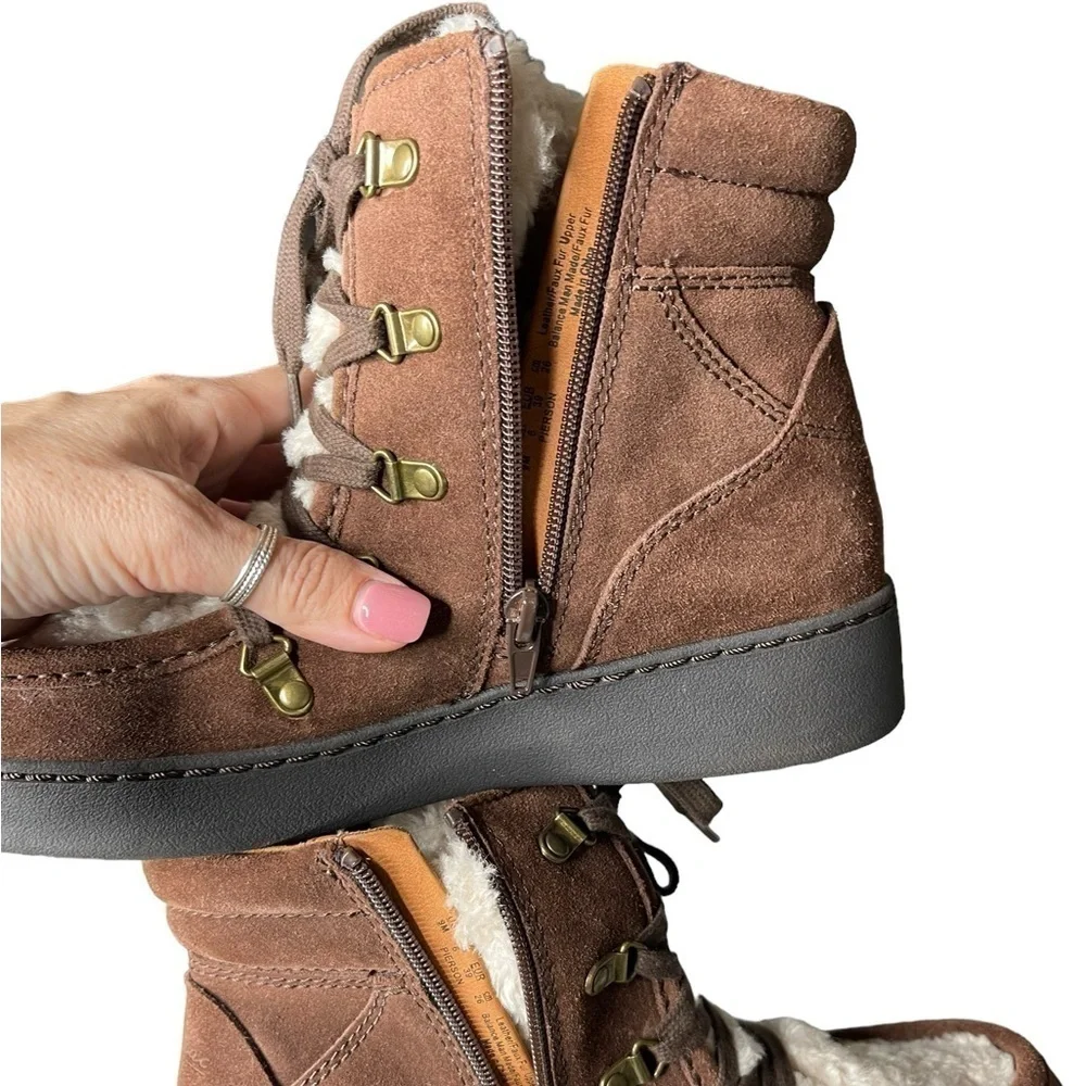 Zodiac Pierson Brown Suede Wedge Ankle Boots Faux Fur Lined | Women’s 9